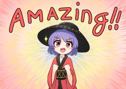 Rule 34 | 1girl, absurdres, black neckwear, bowl, bowl hat, commentary, english commentary, english text, ferdy&#039;s lab, hat, highres, japanese clothes, kimono, long sleeves, looking at viewer, multicolored background, purple hair, red eyes, red kimono, sash, short hair, solo, star (symbol), sukuna shinmyoumaru, touhou, upper body, v-shaped eyebrows, wide sleeves