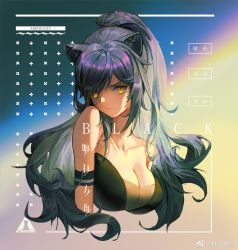 Rule 34 | 1girl, absurdres, animal ears, arknights, arm strap, artist name, bare shoulders, black hair, breasts, cat ears, cleavage, closed mouth, collarbone, copyright name, cropped torso, english text, gradient background, highleg, highres, large breasts, long hair, looking at viewer, multicolored background, schwarz (arknights), shi shihou, solo, strapless, translation request, upper body, weibo watermark, yellow eyes