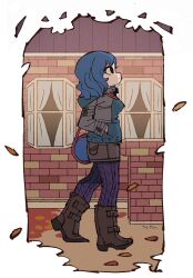 1girl autumn_leaves backpack bag blue_hair boots brick_wall brown_footwear confetti contemporary highres leaf pants petals ramona_flowers short_hair solo tetsu_(teppei)