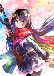 Rule 34 | 1girl, belt, black hair, black shirt, black skirt, breasts, commentary request, cowboy shot, expressionless, floating hair, fuzichoco, girls&#039; frontline, gun, hair ornament, highres, holding, holding gun, holding weapon, long hair, long sleeves, looking at viewer, midriff peek, miniskirt, name connection, neckerchief, object namesake, pantyhose, parted lips, pleated skirt, red eyes, red scarf, scarf, school uniform, serafuku, shirt, sidelocks, skirt, solo, submachine gun, type 100 (girls&#039; frontline), type 100 smg, very long hair, weapon