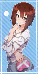 Rule 34 | 10s, 1girl, blue background, blush, box, breasts, brown eyes, brown hair, buttons, collarbone, crossed arms, finger to mouth, gift, gift box, girls und panzer, heart-shaped box, long sleeves, looking at viewer, medium breasts, nishizumi maho, parted lips, shirt, short hair, shushing, solo, striped background, striped clothes, striped shirt, tilt-shift (azalanz), valentine