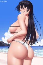 Rule 34 | 1girl, ass, ass focus, bad tag, bambietta basterbine, beach, bikini, black hair, bleach, bleach: sennen kessen-hen, breasts, highres, large breasts, long hair, looking back, purple eyes, rocky-ace, sand, sky, smile, swimsuit, tagme, thick thighs, thighs, water