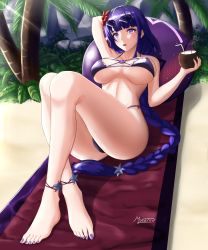 Rule 34 | 1girl, absurdres, anklet, beach, bikini, breasts, cup, day, feet, genshin impact, hair ornament, highres, jewelry, large breasts, long hair, looking at viewer, musanix, nail polish, open mouth, outdoors, ponytail, purple eyes, purple hair, raiden shogun, solo, swimsuit, thighs, toenail polish, toenails, toes