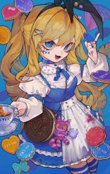 Rule 34 | 1girl, :d, alice (alice in wonderland), alice in wonderland, animal ears, bag, blonde hair, blue dress, blue nails, cheshire cat (alice in wonderland), cowboy shot, cup, dress, fake animal ears, fangs, food, hair ornament, heart, highres, holding, holding cup, juliet sleeves, long hair, long sleeves, nail polish, open mouth, oreo, puffy sleeves, rabbit ears, smile, solo, striped clothes, striped thighhighs, teeth, thighhighs, tira 27, tongue, white dress, white thighhighs, x hair ornament