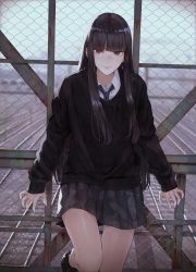 Rule 34 | 1girl, black eyes, black footwear, black hair, black skirt, black sweater, blue necktie, blunt bangs, chain-link fence, closed mouth, collared shirt, commentary, day, dress shirt, eyelashes, fence, foot out of frame, highres, kaoming, lips, long hair, long sleeves, looking at viewer, miniskirt, necktie, original, outdoors, overpass, pleated skirt, railroad tracks, shirt, shoes, sidelocks, skirt, smile, solo, standing, standing on one leg, straight hair, sweater, thighs, white shirt, wing collar