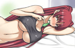 Rule 34 | 1girl, arm behind head, armpits, blush, bottomless, breasts, brown eyes, cleavage, condom, condom in mouth, covered erect nipples, darabuchi, kousaka tamaki, large breasts, long hair, looking at viewer, lying, mouth hold, navel, nose blush, on bed, on side, red hair, solo, stomach, sweat, tank top, to heart (series), to heart 2, two side up, underboob, upper body, used condom, very long hair