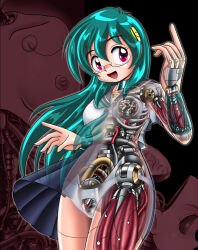 1girl blue_sailor_collar blue_skirt breasts cyber_f cyborg glasses green_hair green_neckerchief long_hair looking_at_viewer mechabare mechanical_arms neckerchief nipples open_mouth original pink_hair robot_girl sailor_collar school_uniform serafuku shirt skirt solo white_shirt x-ray_vision