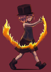 Rule 34 | .flow, 1girl, boots, charlotte (.flow), commentary, fire, hat, lighter, monochrome background, picopuri, pink eyes, pink hair, shirt, simple background, skirt, sleeveless, sleeveless shirt, solo, top hat, walking