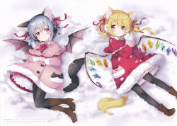 Rule 34 | 2girls, absurdres, adapted costume, animal ear fluff, animal ears, bat wings, black legwear, blonde hair, blue hair, blush, boots, bow, bowtie, brown footwear, capelet, cat ears, cat tail, coat, coat dress, dress, earmuffs, fake animal ears, flandre scarlet, frilled capelet, frills, full body, hair between eyes, hair ribbon, head tilt, high heel boots, high heels, highres, holding, huge filesize, looking at viewer, lying, mimi (mimi puru), mittens, multiple girls, neck ribbon, no headwear, on back, own hands together, pantyhose, paw print, petticoat, pink capelet, pink coat, pink dress, pink skirt, pleated skirt, red bow, red capelet, red coat, red dress, red eyes, red ribbon, red skirt, remilia scarlet, ribbon, scan, short hair, siblings, side ponytail, sisters, skirt, smile, snow, snowing, tail, touhou, translation request, wings, yellow ribbon
