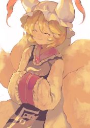 Rule 34 | 1girl, ^ ^, animal hat, bad id, bad twitter id, blonde hair, blush, closed eyes, dress, fox tail, hair between eyes, hat, highres, long sleeves, mob cap, multiple tails, own hands together, short hair, simple background, solo, surumeri (baneiro), swept bangs, tabard, tail, touhou, white background, white dress, yakumo ran