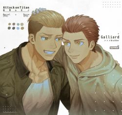 Rule 34 | 2boys, blonde hair, brothers, brown eyes, brown hair, character name, collarbone, eye contact, heads together, highres, jacket, looking at another, male focus, mappo m2, marcel galliard, multiple boys, open clothes, open jacket, porco galliard, shingeki no kyojin, shirt, short hair, siblings, smile, tearing up, undercut, upper body, white shirt