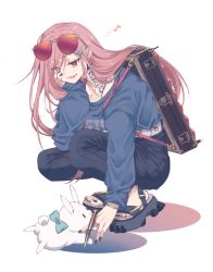 Rule 34 | 1girl, alternate costume, belt, black nails, blue hoodie, blue pants, bracelet, case, casual, commentary, earrings, eyewear on head, full body, girls&#039; frontline, hair ornament, hairclip, hand on own cheek, hand on own face, heart, heart earrings, highres, holding, holding pencil, hood, hoodie, jewelry, long hair, looking down, mole, mole under eye, musical note, nail polish, neck tattoo, open mouth, pants, parted lips, pencil, pink hair, rabb horn, rabbit, red eyes, sandals, sig mcx (girls&#039; frontline), sitting, solo, sunglasses, tattoo, toenail polish, toenails, toes, white background, white belt