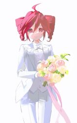 Rule 34 | 1girl, ahoge, bouquet, bow, bowtie, commentary, drill hair, flower, formal, highres, holding, holding bouquet, jacket, kasane teto, long sleeves, looking at viewer, nan (71nnmo), red eyes, red hair, ribbon, rose, smile, solo, suit, thigh gap, traditional bowtie, twin drills, utau