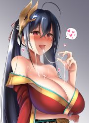 Rule 34 | 1girl, after paizuri, azur lane, bare shoulders, black hair, blush, breast hold, breasts, cleavage, collarbone, commentary request, cum, cum in mouth, cum on body, cum on breasts, cum on clothes, cum on upper body, cum string, facial, gradient background, hair between eyes, hair ornament, hair ribbon, heart, highres, huge breasts, japanese clothes, long hair, looking at viewer, nose blush, off shoulder, ootori subaru, open mouth, red eyes, ribbon, simple background, slit pupils, solo, spoken heart, taihou (azur lane), tongue, tongue out, upper body