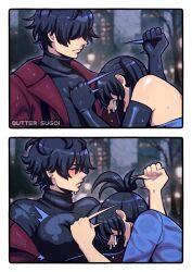 Rule 34 | 2koma, artist name, black gloves, black hair, blush, breasts, building, butter sugoi, closed eyes, comic, commentary, crying, elbow gloves, english commentary, frown, genderswap, genderswap (mtf), gloves, hair over eyes, highres, jacket, large breasts, open mouth, original, photo background, red jacket, ribbed sweater, short hair, short ponytail, silent comic, snot, sweater, tree, turtleneck, turtleneck sweater, twintails, wet