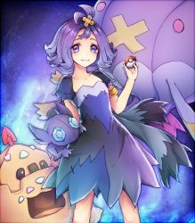 Rule 34 | 1girl, :3, acerola (pokemon), akira (aky-la), arm behind back, armlet, artbook, bare arms, blush, closed mouth, collarbone, creatures (company), dress, drifblim, elite four, eyelashes, eyes visible through hair, facing viewer, flat chest, flipped hair, flower, game freak, gem, gen 3 pokemon, gen 4 pokemon, gen 7 pokemon, hair flower, hair ornament, highres, holding, holding poke ball, looking at viewer, nintendo, palossand, poke ball, pokemon, pokemon (creature), pokemon sm, purple background, purple eyes, purple hair, purple theme, sableye, sand, sand castle, sand sculpture, short hair, shovel, standing, stitches, tareme, topknot, torn clothes, torn dress, torn sleeves, trial captain, worktool