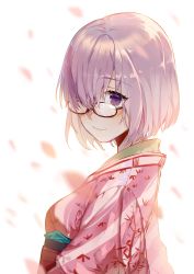 Rule 34 | 1girl, alternate costume, bad id, bad pixiv id, black-framed eyewear, blurry, breasts, depth of field, fate/grand order, fate (series), from side, glasses, hair over one eye, highres, japanese clothes, kimono, light purple hair, long sleeves, looking at viewer, mash kyrielight, medium breasts, obi, petals, pink kimono, purple eyes, sash, short hair, smile, solo, upper body, white background, zhibuji loom
