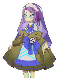 Rule 34 | 1girl, blue sclera, blush, bow, colored sclera, colored skin, cropped legs, dress, embarrassed, eyeliner, green dress, highres, holding, holding clothes, holding dress, horns, looking at viewer, makeup, monster hunter (series), monster hunter rise, no pupils, personification, purple bow, purple eyeliner, purple hair, purple horns, purple veil, simple background, solo, somnacanth, standing, user ttug5452, white background, white eyes, yellow skin