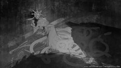 Rule 34 | 1girl, artist name, artstation username, capelet, carpet, character request, closed mouth, commentary, covered eyes, crown, dark souls (series), dress, english commentary, expressionless, full body, greyscale, inktober, l aciel, long dress, long sleeves, lying, monochrome, on side, shadow, snake, solo