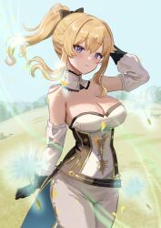 Rule 34 | 1girl, absurdres, bare shoulders, black bow, black gloves, blonde hair, blue eyes, blue sky, bow, breasts, cleavage, commentary request, cowboy shot, dandelion, day, detached sleeves, flower, genshin impact, gloves, hair bow, highres, hijikata toshizou (mibu makoto), jean (genshin impact), large breasts, leggings, long hair, long sleeves, looking at viewer, outdoors, pants, partial commentary, ponytail, shirt, sidelocks, sky, solo, standing, strapless, strapless shirt, white pants, white shirt