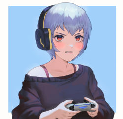 Rule 34 | 1girl, ayanami rei, black sweater, blue background, blue hair, blush, border, controller, emknov, game controller, headphones, highres, holding, holding controller, holding game controller, long sleeves, neon genesis evangelion, off shoulder, parted lips, playing games, red eyes, shadow, short hair, simple background, solo, sweater, upper body, white border