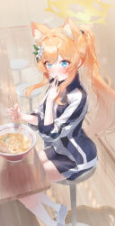 Rule 34 | 1girl, absurdres, blue archive, blue eyes, blue jacket, blue shorts, blush, chopsticks, commentary request, eating, eshineko, food, gym shorts, hair ornament, halo, hand to own mouth, highres, holding, holding chopsticks, jacket, mari (blue archive), mari (track) (blue archive), multicolored clothes, multicolored jacket, noodles, official alternate costume, official alternate hairstyle, open clothes, open jacket, orange hair, ponytail, ramen, shirt, shorts, sitting, sleeves rolled up, socks, solo, thighs, track jacket, white shirt, white socks, yellow halo