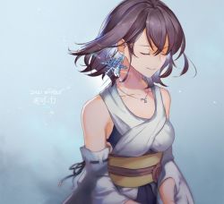 Rule 34 | 1girl, breasts, brown hair, closed mouth, detached sleeves, closed eyes, final fantasy, final fantasy x, japanese clothes, jewelry, medium breasts, necklace, sasanomesi, short hair, simple background, skirt, smile, solo, yuna (ff10)