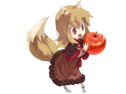 Rule 34 | 1girl, animal ears, apple, chibi, food, fruit, holding, holding food, holding fruit, holo, kotoba, kotoba (kotobato), open mouth, red eyes, saliva, skirt, socks, solo, spice and wolf, tail, wolf ears, wolf tail