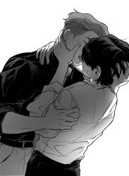 Rule 34 | 2girls, androgynous, arm around neck, belt, blush, closed eyes, collared shirt, commentary request, earrings, french kiss, greyscale, hand on another&#039;s face, hand on another&#039;s head, highres, holding another&#039;s arm, jewelry, kiss, korean commentary, monochrome, multiple girls, nagdonggang, original, pants, reverse trap, saliva, saliva trail, shirt, short hair, simple background, stud earrings, sweat, tongue, wing collar, yuri