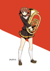 Rule 34 | 1girl, absurdres, black shirt, black skirt, brown eyes, brown footwear, brown hair, closed mouth, commentary, full body, hibike! euphonium, highres, holding, holding instrument, instrument, kion-kun, legs apart, long sleeves, looking at viewer, oumae kumiko, pinky out, pleated skirt, red background, school uniform, serafuku, shirt, shoes, short hair, skirt, smile, socks, solo, standing, trombone, twitter username, two-tone background, white socks, wide-eyed