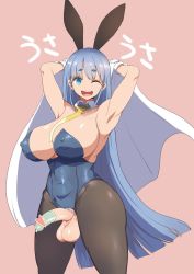Rule 34 | 1girl, ;d, animal ears, aqua eyes, armpits, arms up, black pantyhose, blue hair, breasts, censored, condom, condom on penis, covered erect nipples, cowboy shot, detached collar, fake animal ears, futanari, futanari, heart, heart censor, highleg, highleg leotard, highres, large breasts, leotard, long hair, looking at viewer, necktie, one eye closed, open mouth, original, pantyhose, penis, playboy bunny, rabbit ears, simple background, smile, solo, testicles, thick eyebrows, ubanis, very long hair, wrist cuffs