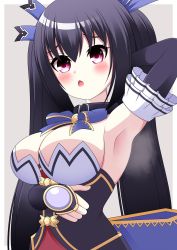 Rule 34 | 1girl, absurdres, arm behind back, arm pit, arm pits, armpits, bare shoulders, black hair, blush, breasts, cleavage, collar, dress, gloves, highres, jacket, jewelry, large breasts, long hair, meruruto, neptune (series), noire (neptunia), open mouth, red eyes, ribbon, ring, rings, stretching, thinking, tsundere, twintails, upper body, very long hair, waistcoat