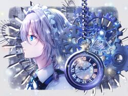 Rule 34 | 1girl, akane (a reddam), analog clock, blue eyes, border, bow, braid, chain, clock, commentary request, cropped torso, danmaku, expressionless, from side, gears, highres, izayoi sakuya, knife, light particles, long hair, looking ahead, maid headdress, parted lips, partial commentary, pocket watch, profile, revision, roman numeral, solo, throwing knife, touhou, upper body, watch, weapon