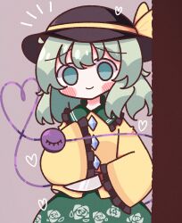 Rule 34 | 1girl, absurdres, black hat, blush, bow, buttons, diamond button, floral print, frilled shirt collar, frilled sleeves, frills, green eyes, green hair, green skirt, hair between eyes, hat, hat bow, heart, heart of string, highres, holding, holding knife, holding weapon, knife, komeiji koishi, light green hair, long sleeves, looking at viewer, medium hair, rose print, shirt, simple background, skirt, sleeves past fingers, sleeves past wrists, smile, solo, third eye, touhou, waroemon, weapon, yellow bow, yellow shirt