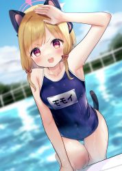 Rule 34 | 1girl, absurdres, alternate costume, animal ear headphones, animal ears, bare arms, bare legs, blonde hair, blue archive, blue one-piece swimsuit, blurry, blurry background, blush, bow, cat ear headphones, cat tail, depth of field, fake animal ears, fake tail, hair bow, halo, hand on own head, hand up, headphones, highres, looking at viewer, momoi (blue archive), name tag, old school swimsuit, one-piece swimsuit, open mouth, outdoors, pink eyes, pink halo, pool, red bow, school swimsuit, solo, swimsuit, tail, tsukumo (pixiv32592569), water, wet