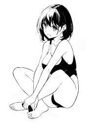 Rule 34 | 1girl, bare shoulders, breasts, greyscale, highres, kekemotsu, large breasts, looking at viewer, monochrome, original, short hair, smile, solo, swimsuit