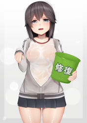 Rule 34 | 1girl, bad id, bad pixiv id, black hair, black skirt, blush, breasts, grey eyes, gym shirt, hair between eyes, hayasui (kancolle), jacket, kantai collection, long sleeves, looking at viewer, medium breasts, miniskirt, ne an ito, open mouth, pleated skirt, see-through, shirt, short hair, skirt, smile, solo, track jacket, wet, wet clothes