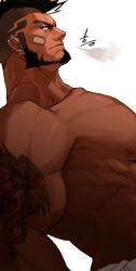 Rule 34 | 1boy, bandaid, bandaid on cheek, bandaid on face, bara, beard, black hair, completely nude, cyphers, damian doyle (cyphers), dark-skinned male, dark skin, facial hair, from side, gomtang, highres, large pectorals, leaning back, male focus, mature male, mohawk, muscular, muscular male, nipples, nude, pectorals, profile, short hair, solo, stomach, third-party source