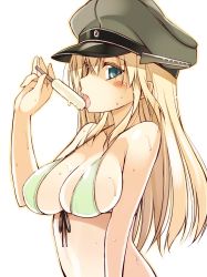 Rule 34 | 10s, 1girl, alternate costume, bikini, bismarck (kancolle), blonde hair, blush, breasts, cleavage, food, front-tie top, hat, highres, kantai collection, large breasts, long hair, looking at viewer, military hat, ohta yuichi, open mouth, peaked cap, popsicle, simple background, solo, sweat, swimsuit, tongue, tongue out, upper body, white background