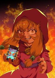 Rule 34 | 1girl, a hat in time, absurdres, black background, blonde hair, cloak, evil grin, evil smile, facial hair, fiery background, fire, gradient background, grin, hair ornament, highres, holding hourglass, hood, hood up, hooded cloak, jewelry, long hair, long sleeves, looking at viewer, mustache, mustache girl, pendant, punidayo, purple sash, red background, red cloak, rope necklace, sash, smile, solo, standing, star (symbol), yellow eyes