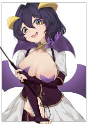 Rule 34 | 1girl, absurdres, black hair, breastless clothes, breasts, cleavage, corset, cross-shaped pupils, cross pasties, fold-over gloves, forward facing horns, highres, hiiragi utena, holding, holding riding crop, horns, large breasts, looking at viewer, lowleg, lowleg pants, magia baiser, mahou shoujo ni akogarete, open mouth, pants, pasties, purple corset, purple pants, purple pasties, riding crop, short hair, showgirl skirt, shrug (clothing), solo, suxi (user pjzz2244), symbol-shaped pupils, white background, white shrug, yellow eyes, yellow horns