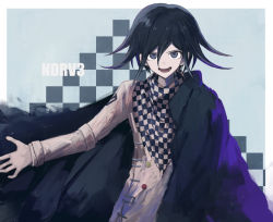 Rule 34 | 1boy, black cape, black eyes, black hair, border, cape, checkered background, checkered clothes, checkered scarf, commentary request, copyright name, danganronpa (series), danganronpa v3: killing harmony, grey background, grey jacket, hair between eyes, hand up, iumi urura, jacket, long sleeves, looking at viewer, male focus, multicolored hair, open mouth, oma kokichi, pale skin, purple hair, scarf, smile, solo, straitjacket, teeth, two-tone hair, upper body, white border
