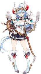 Rule 34 | 1girl, ahoge, blue eyes, blue hair, boots, full body, fuyuno yuuki, goggles, goggles on head, horn ornament, horns, long hair, official art, oshiro project:re, oshiro project:re, short sleeves, skirt, smile, solo, sword, transparent background, uwajima (oshiro project), very long hair, weapon, white skirt