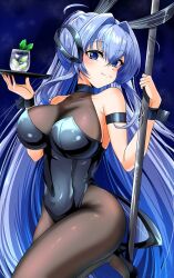 Rule 34 | 1girl, :3, animal ears, arm strap, azur lane, bare shoulders, blue eyes, blue hair, bodystocking, breasts, cleavage, fake animal ears, high heels, highres, holding, holding tray, houshi, large breasts, leotard, long hair, looking at viewer, new jersey (azur lane), new jersey (exhilarating steps!) (azur lane), official alternate costume, playboy bunny, pole, rabbit ears, see-through, see-through cleavage, solo, stripper pole, thighs, tray