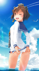 Rule 34 | 10s, 1girl, absurdres, adjusting clothes, adjusting panties, aircraft, airplane, ass, binoculars, bird, blue sky, blush, brown eyes, brown hair, clothes writing, cloud, commentary request, contrail, cowboy shot, day, from behind, headgear, highres, kantai collection, light rays, long sleeves, looking back, no pants, ocean, outdoors, panties, photoshop (medium), round teeth, school uniform, seagull, see-through, serafuku, shiny skin, shirt, short hair, sky, speaking tube headset, standing, sunbeam, sunlight, teeth, tied shirt, trefoil, underwear, underwear writing, wading, water, wet, wet clothes, wet panties, yukikaze (kancolle), zumomo