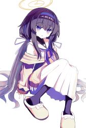 Rule 34 | 1girl, absurdres, bags under eyes, black pantyhose, blue archive, blush, cardigan, commentary, hairband, halo, highres, knees up, long hair, looking at viewer, neckerchief, neumo ( neumo ), pantyhose, purple eyes, purple hair, purple hairband, purple neckerchief, sailor collar, shirt, sidelocks, simple background, sitting, skirt, sleeves past wrists, slippers, solo, sweat, twintails, ui (blue archive), very long hair, white background, white sailor collar, white shirt, yellow footwear, yellow skirt