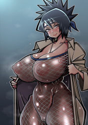 Rule 34 | 1girl, black eyes, black hair, blush, bodysuit, breasts, cleavage, fishnet bodysuit, fishnets, headband, highres, huge breasts, large breasts, looking at viewer, mitarashi anko, naruto, naruto (series), navel, nipples, nude, open clothes, ponytail, pussy, simple background, smile, solo, sweat, thick thighs, thighs, uncensored, white background