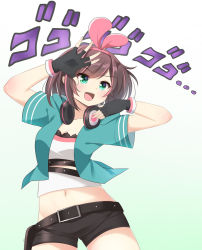 Rule 34 | 1girl, :d, belt, black gloves, black shorts, blue jacket, bow, breasts, brown hair, cleavage, commentary, english commentary, fingerless gloves, gloves, gradient background, green background, green eyes, hair bow, hairband, hand up, headphones, headphones around neck, highres, ikazu401, jacket, jojo no kimyou na bouken, kizuna ai, kizuna ai (a.i. games), kizuna ai inc., medium breasts, navel, official alternate costume, open clothes, open jacket, open mouth, pink bow, shirt, short hair, short shorts, short sleeves, shorts, smile, solo, sound effects, virtual youtuber