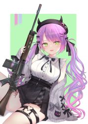 Rule 34 | 1girl, absurdres, battle rifle, belt, beret, bibi (tokoyami towa), black belt, black hat, black ribbon, blush, breasts, cardigan, chicami, collared shirt, color guide, commentary, cowboy shot, cross, cross earrings, drill hair, ear piercing, earrings, eyelashes, fake horns, fangs, fn fal, frilled shirt, frills, green background, green eyes, grey cardigan, gun, hair ornament, hair ribbon, hairclip, hat, hat pin, heart o-ring, highres, holding, holding gun, holding weapon, hololive, horned headwear, horns, jewelry, leg tattoo, long hair, looking at viewer, medium breasts, miniskirt, multicolored hair, neck ribbon, o-ring, o-ring legwear, o-ring thigh strap, off shoulder, official alternate costume, open cardigan, open clothes, open mouth, parted bangs, piercing, pink hair, pleated skirt, pom pom (clothes), purple hair, ribbon, rifle, shirt, shirt tucked in, simple background, sitting, skirt, sleeveless, sleeveless shirt, smile, solo, streaked hair, suspender skirt, suspenders, symbol-only commentary, tattoo, thigh strap, thighs, tokoyami towa, twintails, two-tone hair, virtual youtuber, weapon, white shirt, wing collar, x hair ornament