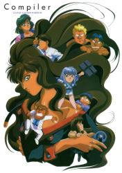 Rule 34 | 1990s (style), 4girls, 5boys, absurdres, aqua eyes, aqua hair, assembler, beard, blonde hair, blue hair, briefcase, brown eyes, brown hair, closed eyes, compiler, compiler (ova), constricted pupils, copyright name, dark-skinned male, dark skin, facial hair, grin, highres, holding, holding briefcase, long hair, looking at viewer, mini person, miniboy, minigirl, multiple boys, multiple girls, nail polish, necktie, official art, open mouth, pink nails, retro artstyle, scan, smile, v-shaped eyebrows